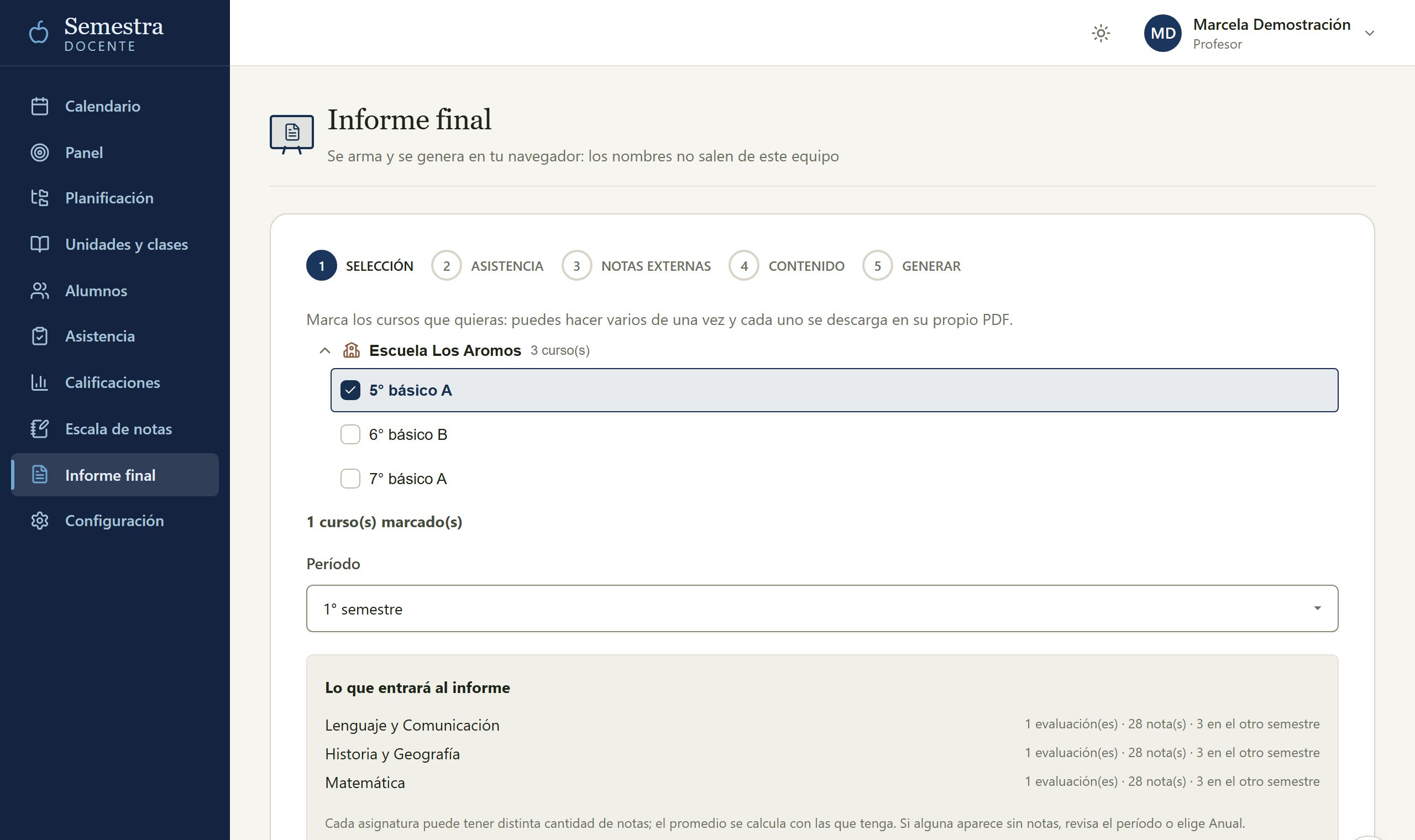 Pantalla del informe final con los cursos a incluir y la vista previa del documento
